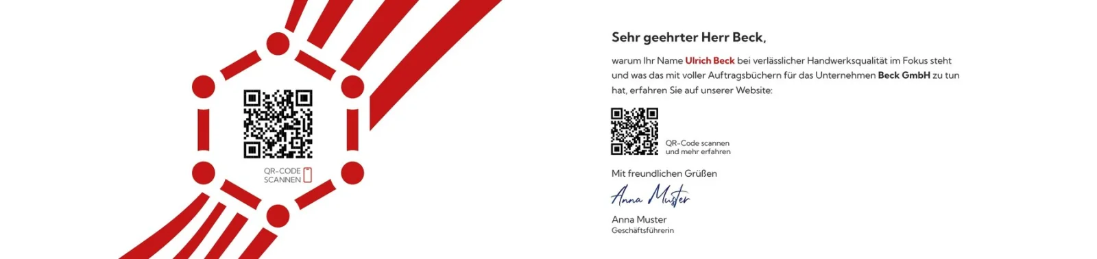 Innenseite des Mailings mit persönlichem Brief, Name des Empfängers, QR-Code und Unterschrift