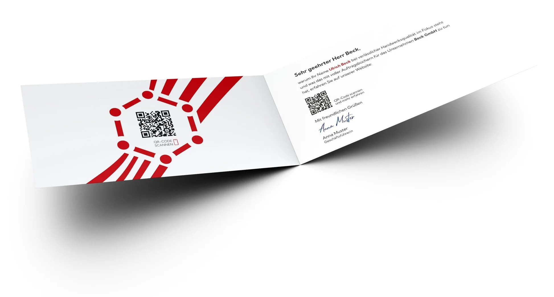 Aufgeklapptes Mailing: links die Innenseite mit QR-Code, rechts der persönliche Brief mit Anrede, Namen und Unterschrift