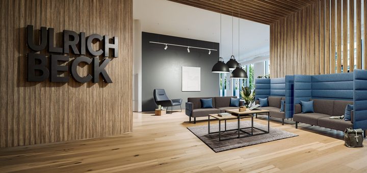Motiv mit dem Namen „Ulrich Beck“ im Bild: Lounge mit blauen Akustik-Sofas, Holzlamellenwand mit Name als 3D-Metallbuchstaben